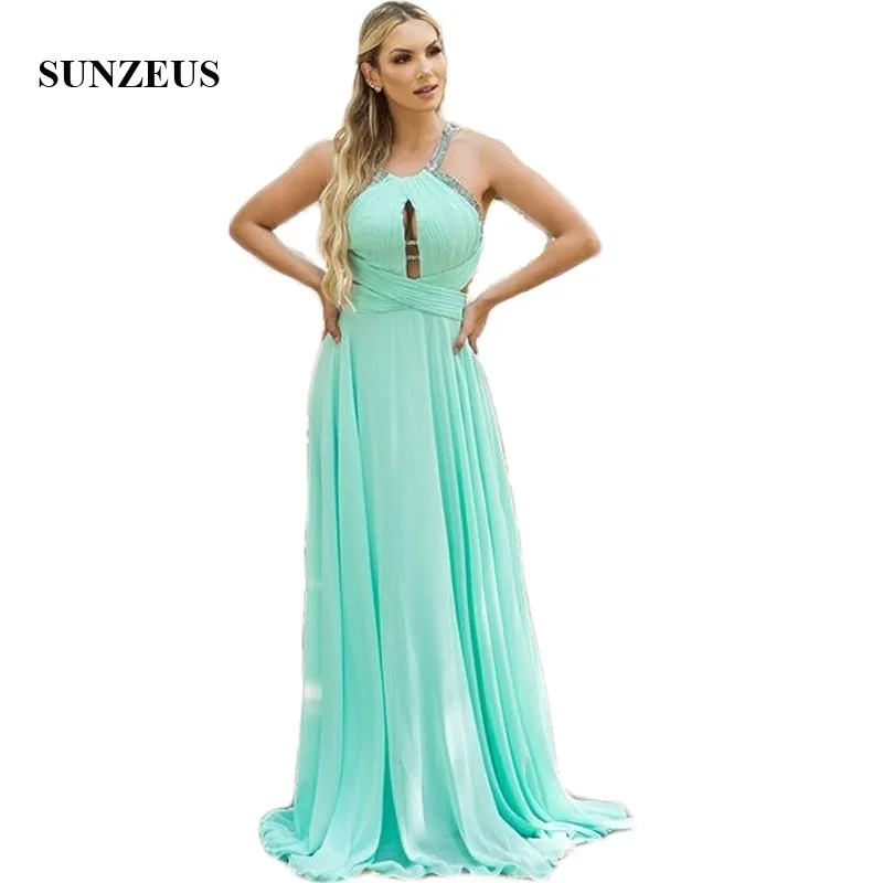 

Mint Green Chiffon A-Line Bridesmaid Dresses Halter Pleats Sequins Backless Wedding Party Dresses Long Prom Gowns SBD145