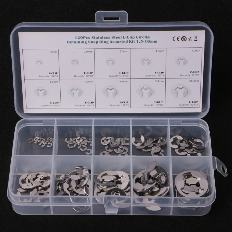 

OOTDTY 120pcs E-Clip Assortment Kit 304 Stainless Steel Retaining Circlip Set 1.5mm to 10mm For Hardware Accessories