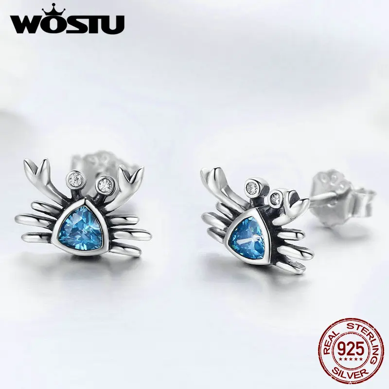 Женские серьги гвоздики WOSTU очаровательный Краб из чистого серебра 925 пробы с