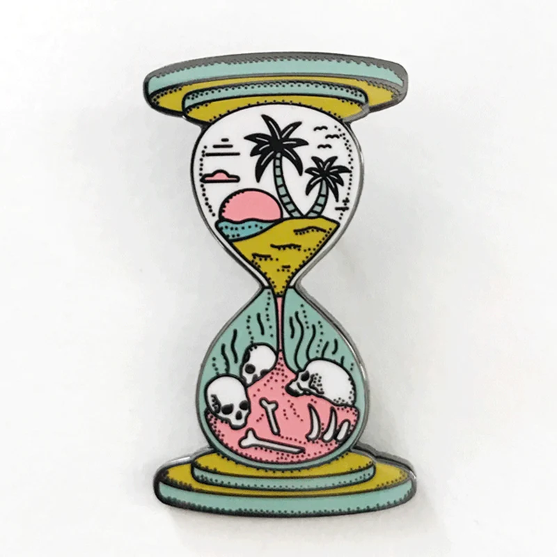 

Hourglass enamel pin skull bones brooch sunrise coconut tree badge natural landscape pins time jewelry pastel art gift