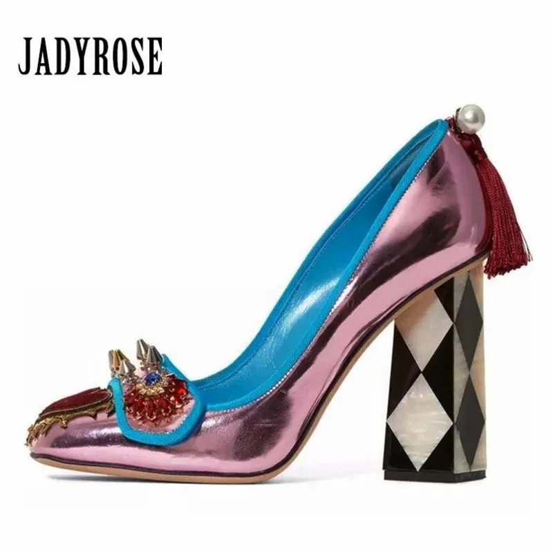 Jady Rose/Новинка года; дизайнерские женские свадебные модельные туфли на высоком каблуке с квадратным носком и заклепками; женская обувь с бахромой; Stiletto Valentine