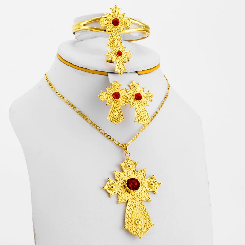 Эфиопский крест кулон Дубай набор украшений для женщин Золотой Цвет
