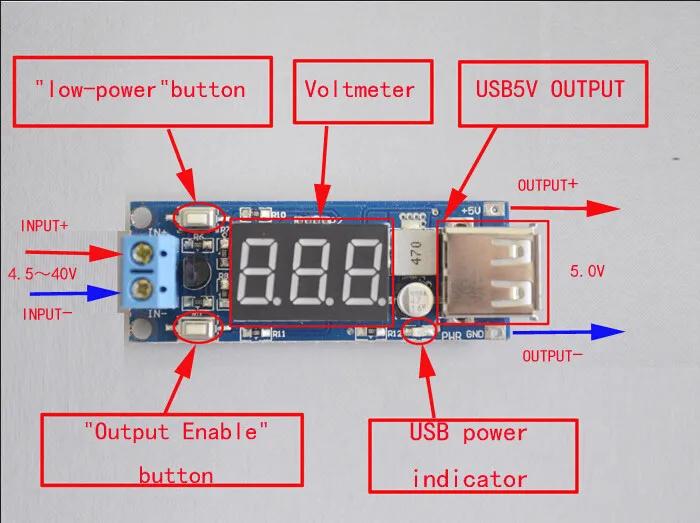 Модуль питания постоянного тока 1 шт. бортовой аккумулятор вольтметр + 5 В USB