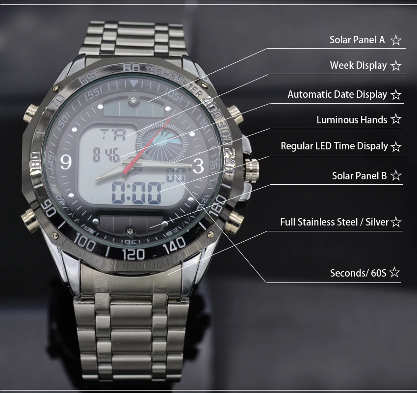 Fashion Solar Energy Watch Men's Full Steel Quartz Digital Sports Power Waterproof LED Men Military Clock 2015 | Наручные часы