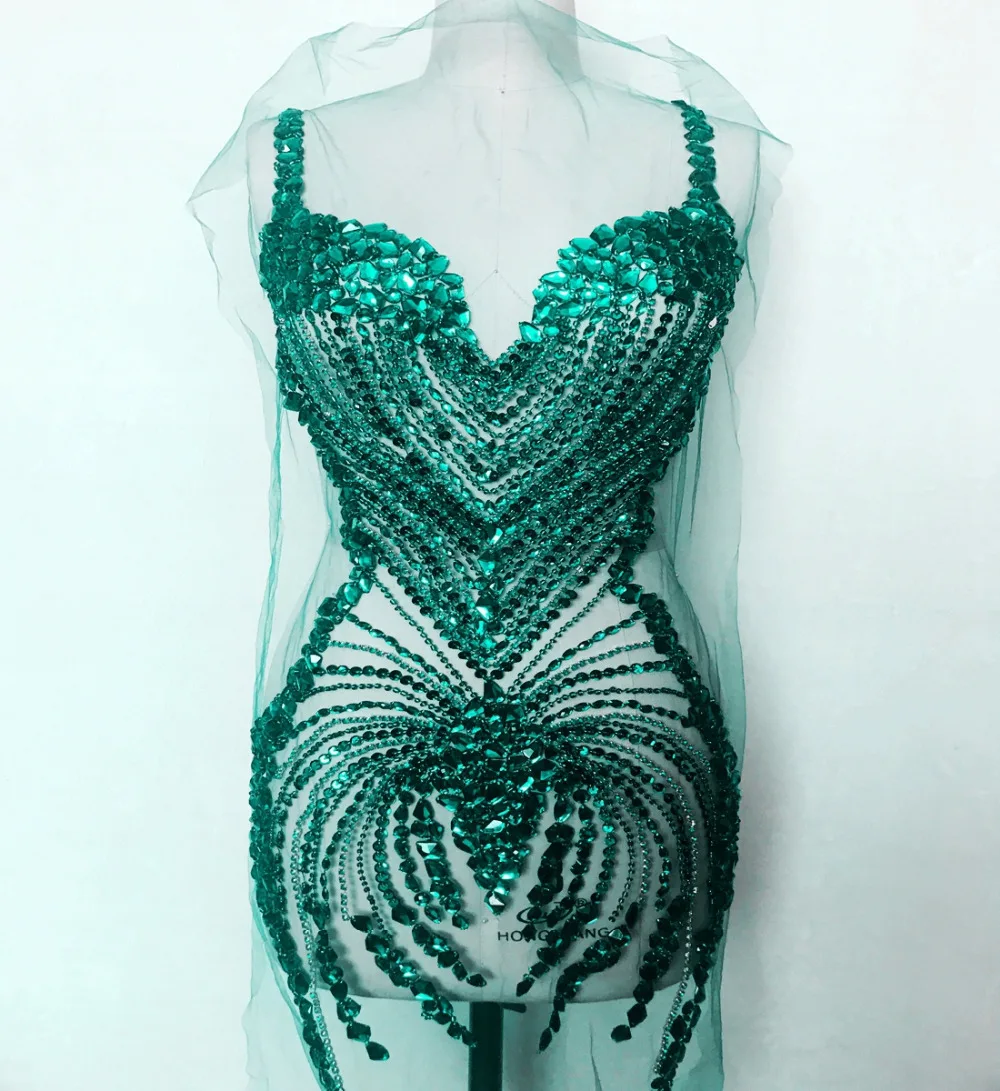 Стразы ручной работы аппликация темно-зеленые бусины нашивки отделка 86*40 см