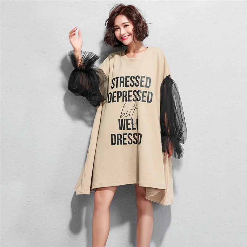 Женское платье Футболка с рукавами фонариками свободное Сетчатое большого