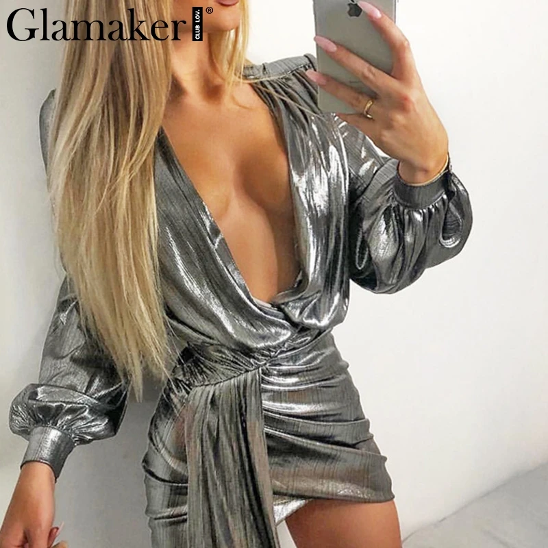 Женское платье с длинным рукавом Glamaker серебристое сатиновое облегающее