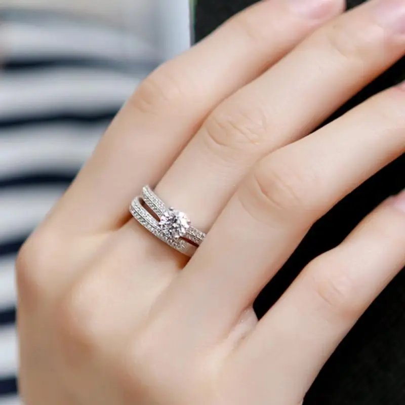 Пара новых модных серебряных блестящих свадебных колец Стразы с кристаллами для