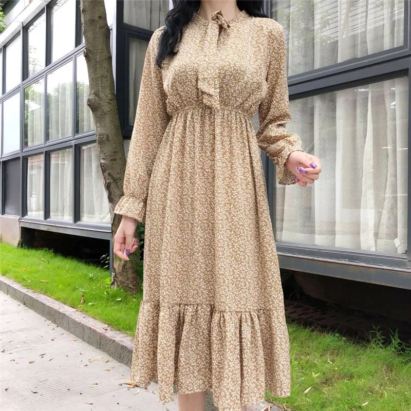 Hzirip 2018 Women Dress Summer Casual Floral Print Chiffon Dresses Ladies Long Lantern Sleeve V-Neck Bow Mid-Calf Vestidos |