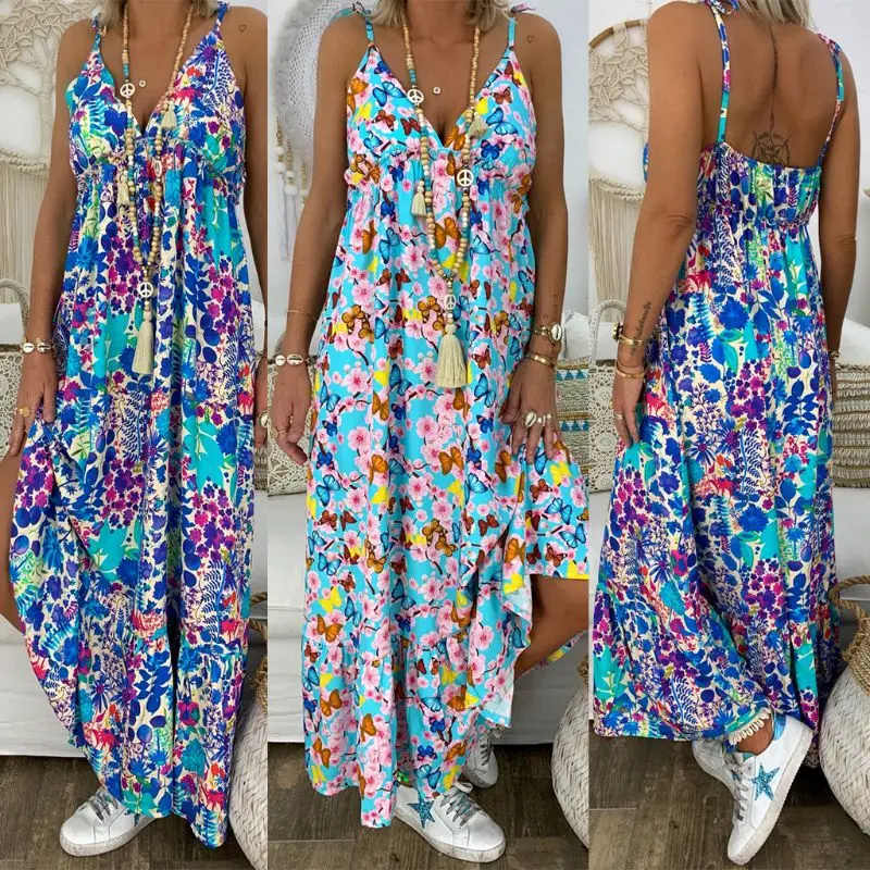 

Womens Boho Floral Maxi Dress Party Strappy Summer Beach Sundress Plus Size