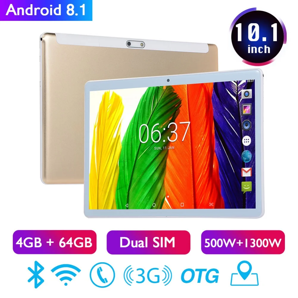 10,1 дюймов 4 Гб+ 64 ГБ Android 8,1 WiFi планшетный ПК двойная SIM Двойная камера 3g телефон Pad планшеты с адаптером питания ЕС/США