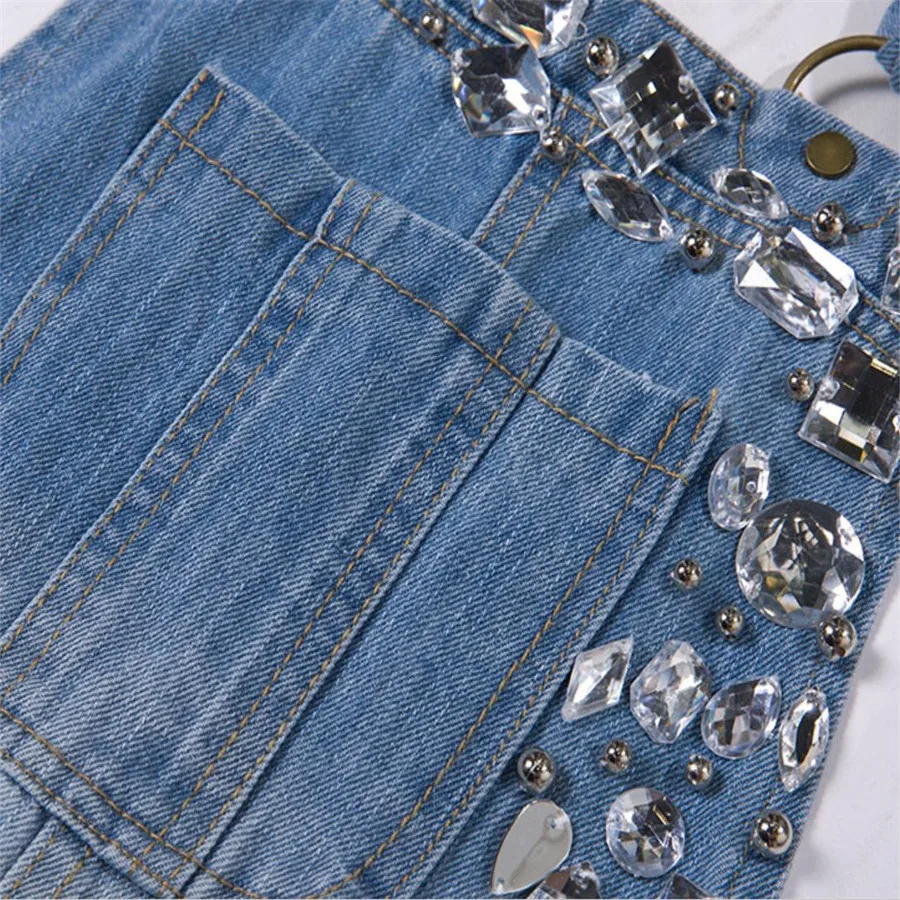 Женский джинсовый комбинезон повседневный свободный хлопковый с блестками и
