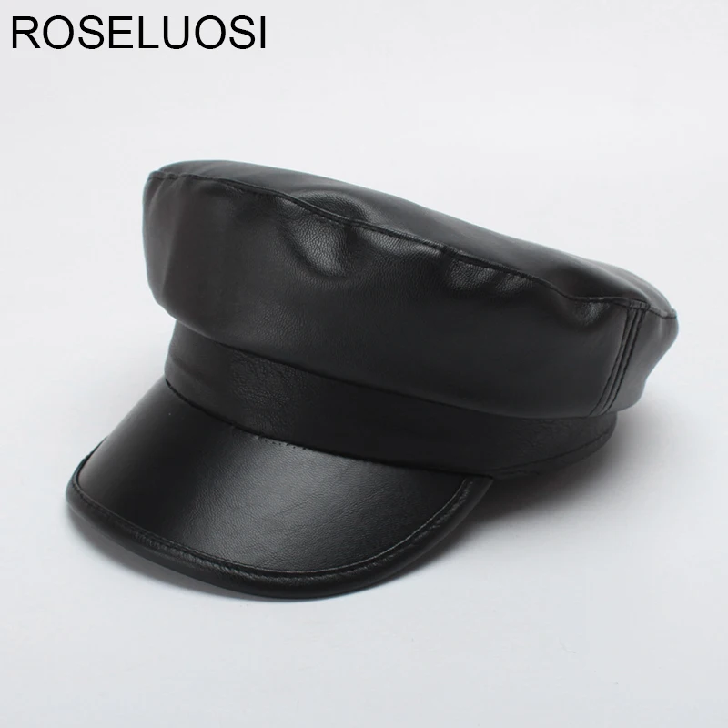Женские шапки ROSELUOSI из искусственной кожи в стиле милитари; сезон осень-зима; винтажные черные шапки из искусственной кожи в армейском стиле; женская кепка Newsboy; Casequette