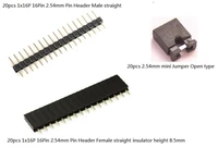 60pcs total 2 54mm pitch pin header 1x16 single row straight type male female with mini jumper 2 54 mm open