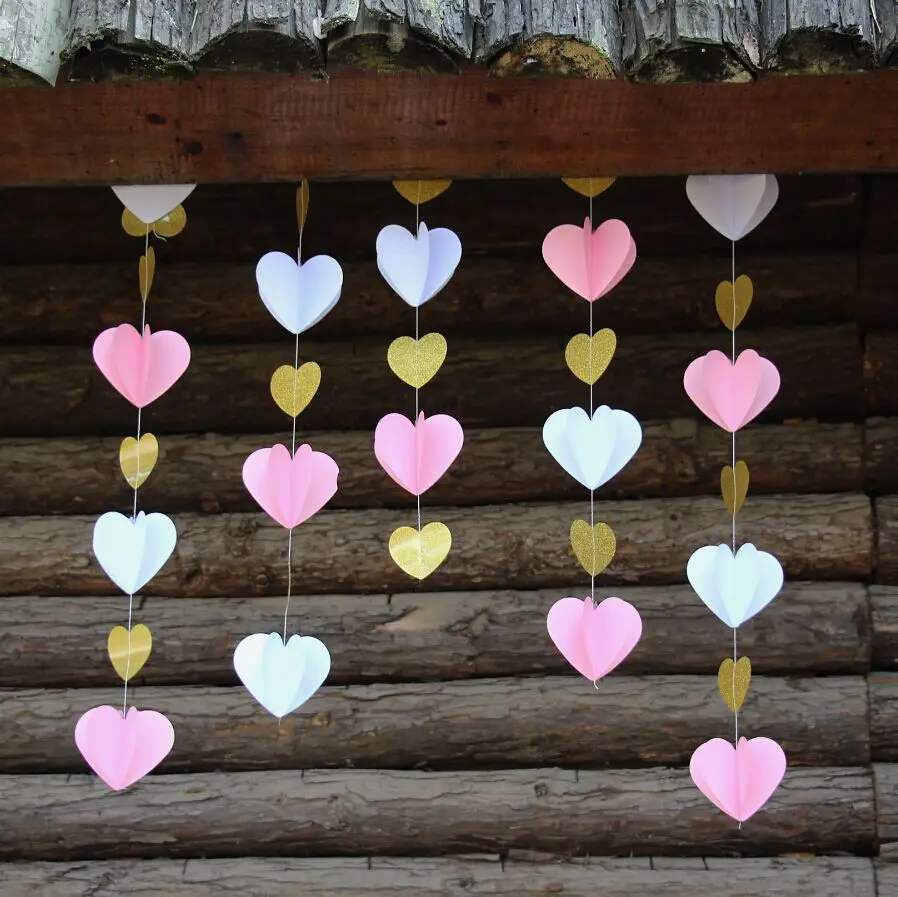 Розовый Белый Золотой 3D сердца бумажная гирлянда для маленьких девочек душ и