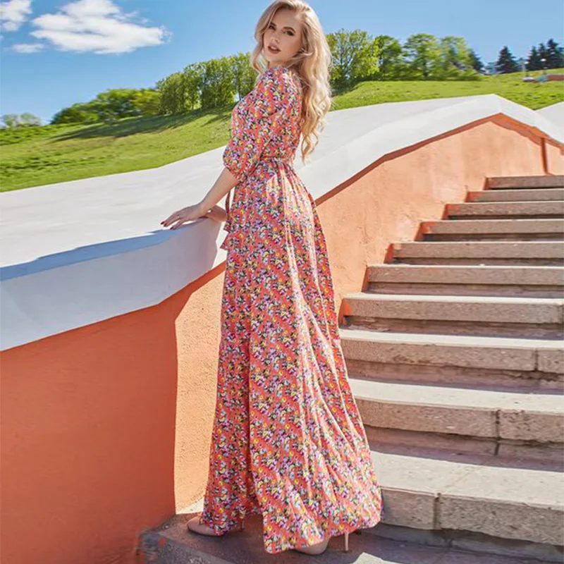 Модные Винтаж длинное платье Для женщин осень 2017 г. Лидер продаж печати Вечеринка