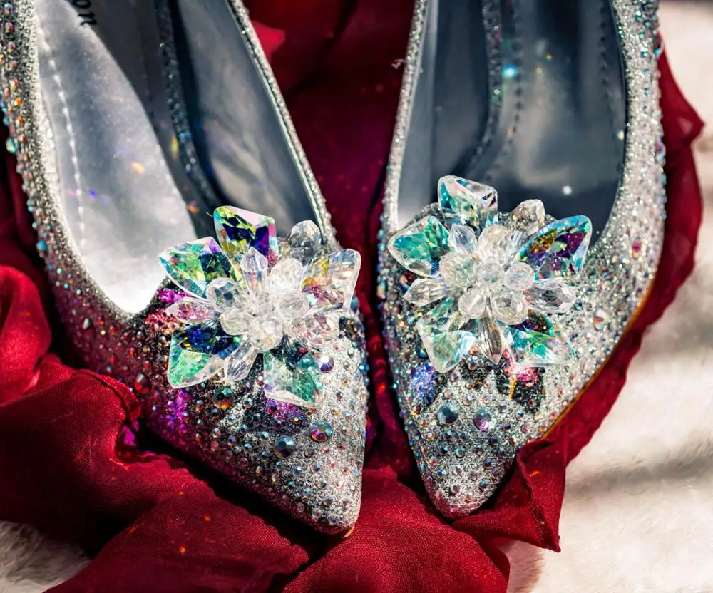 Luxury Brand Crystal Wedding Shoes for Women Pointed Toe Cinderella Heels Shoes Rhinestone High Heels Shoes Size 10 11