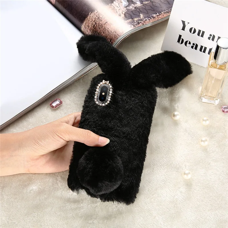 Black Kisscase New натуральным кроличьим мехом пушистый чехол для iPhone X 8 7 6S 6 Plus милый кролик Мех животных diamond Дизайн чехол для iphone 5S 5 SE capinha For чехол на айфон 7 6 6s 8 Plus чехол на айфон X XR - Цвет: Black