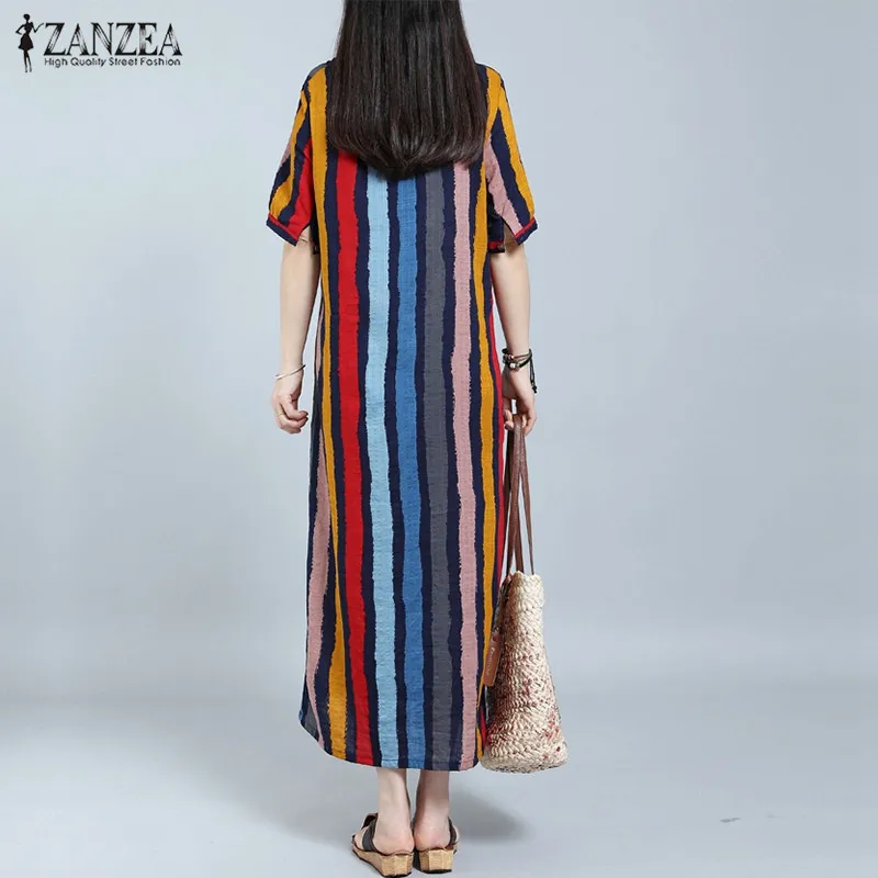 ZANZEA, женское платье,, летнее, длинное, макси, платья для вечеринок, повседневное, с коротким рукавом, в полоску, Vestidos, богемный сарафан, вечерние, пляжный Халат