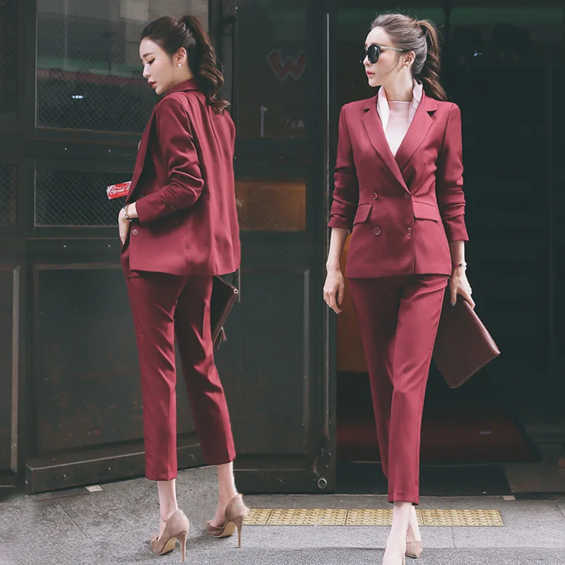 Women's businss suit 2019 New Fashion Slim Business Wear Elegant Women Office OL Jacket Set Formal Blazer + Pants Suit Feminino