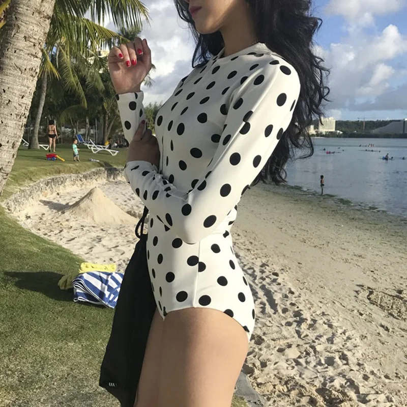 2019 корейский нейлоновый пикантный цельный купальник в горошек с длинным рукавом