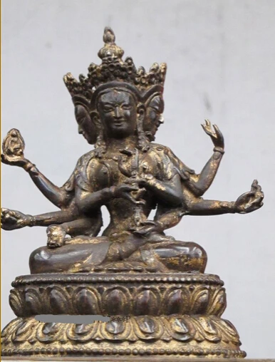 

bi001695 Tibet old Red Bronze Three face three eye 8 hand Kwan yin saint Bodhisattva