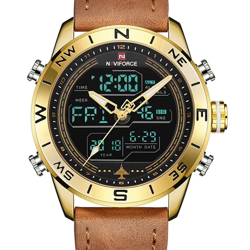 NAVIFORCE 9144 модные золотые мужские спортивные часы светодиодные аналоговые