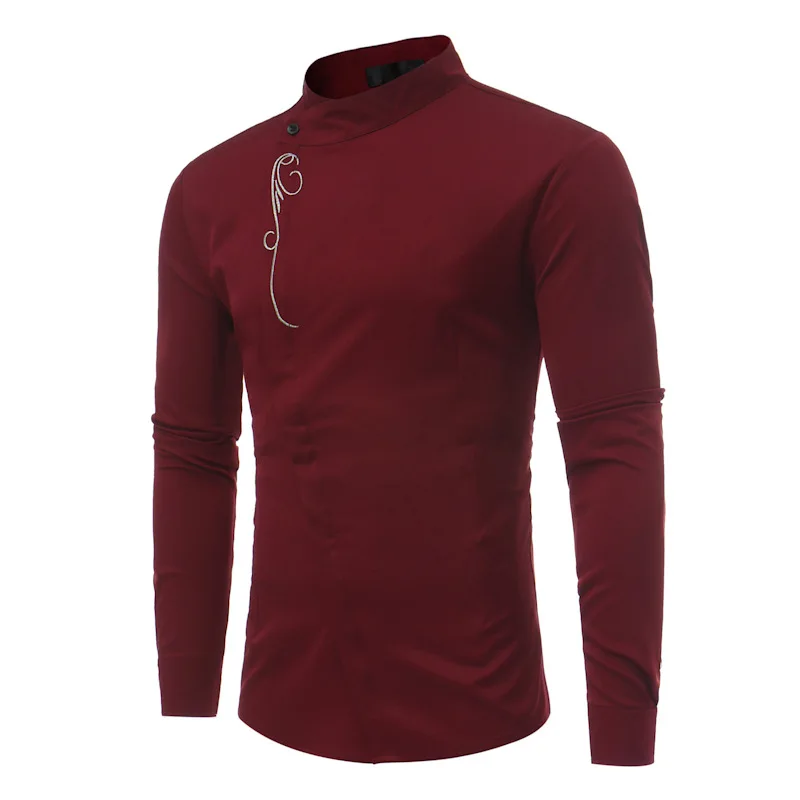 CS11 wine red Мужская рубашка со стоячим воротником, новинка, Брендовые мужские рубашки с длинным рукавом с золотой вышивкой, приталенные хлопковые мужские рубашки, повседневные мужские рубашки - Цвет: CS11 wine red