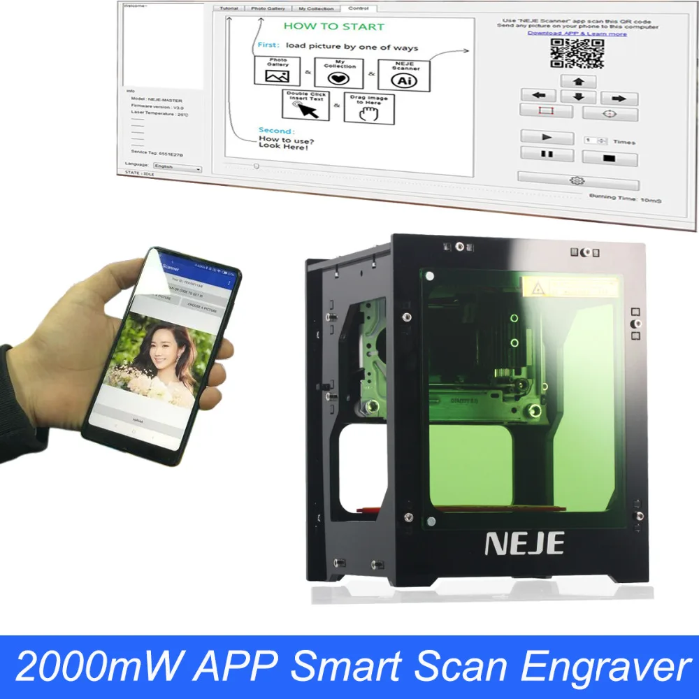 NEJE 2000 mW 405nm лазерная гравировальная машина AI Smart DIY USB мини ЧПУ деревянный