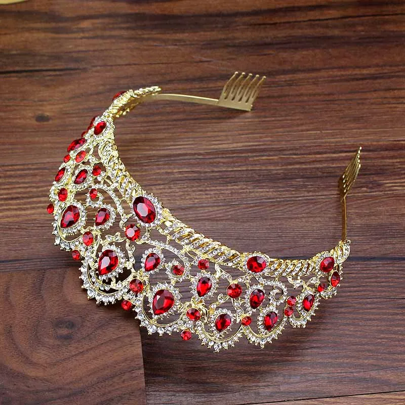tiara with combs Винтажная свадебная диадема в европейском стиле, украшенная красными кристаллами и жемчугом, диадема принцессы для девочек, диадема, стразы, свадебная корона, украшения для волос - Окраска металла: tiara with combs