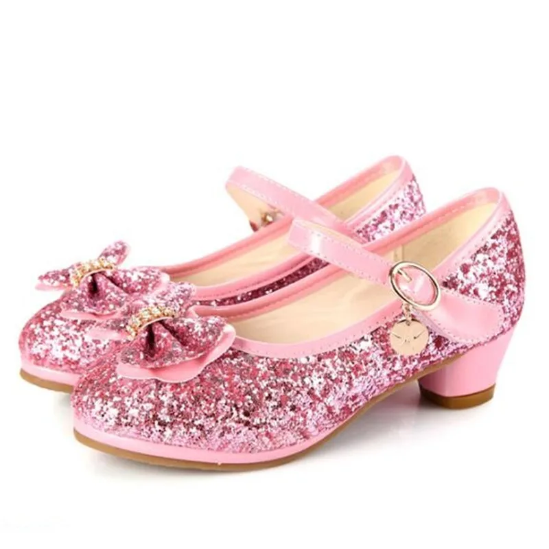 

New Children Leather Shoes Girls Princess Butterfly-knot High-heeled Baby Toddler Shoes Breathable Kids Crystal Shoes 02A