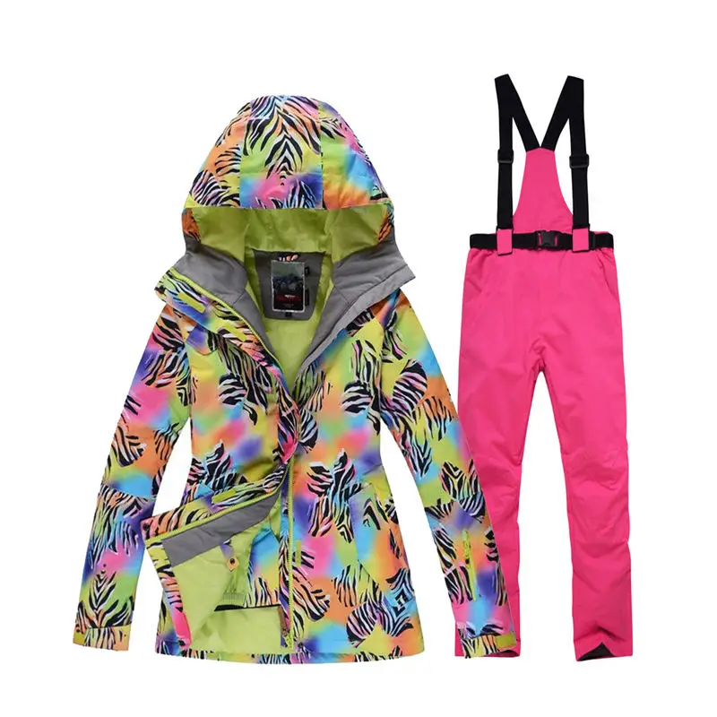 Bright pink pant Женская зимняя одежда с рисунком зебры, верхняя одежда, комплекты для сноубординга, водонепроницаемые ветрозащитные дышащие лыжные куртки и зимние штаны с поясом - Цвет: Bright pink pant