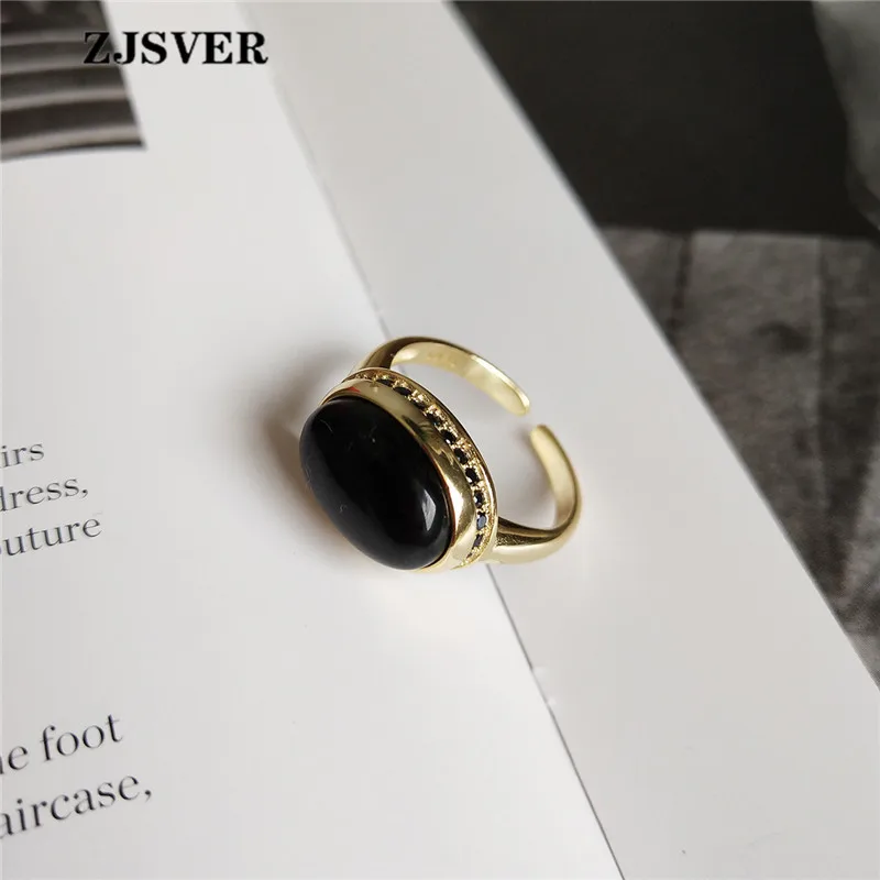 ZJSVER Korean Jewelry 925 Sterling Silver Ring Golden Retro Elliptical Black Agate Adjustable Women Rings For Festival Present | Украшения