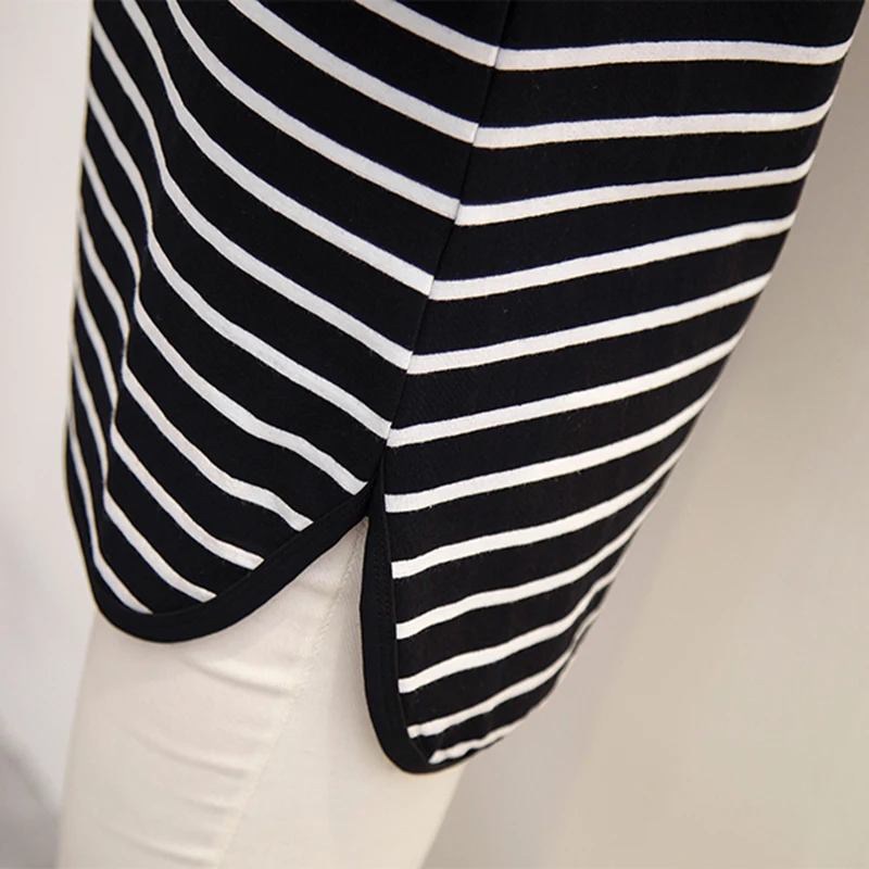 Женские Классические черно белые футболки в полоску с длинным рукавом Корейском