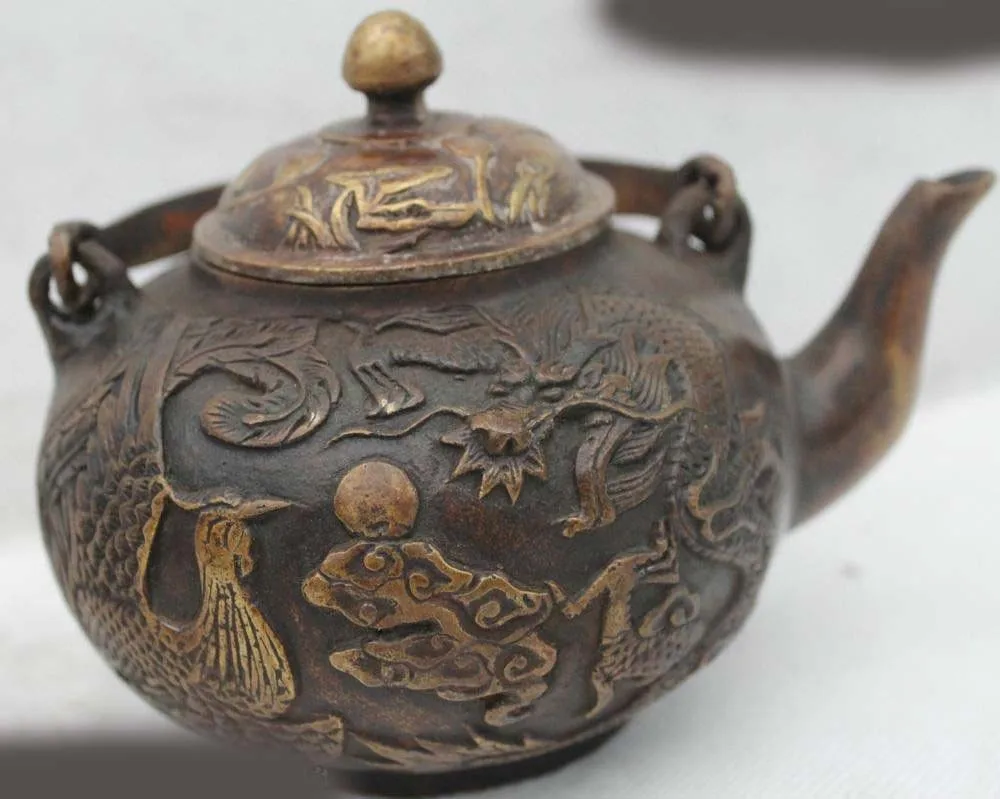 4"China Chinese Folk Bronze Lucky Dragon phoenix kettle water jug Statue | Дом и сад