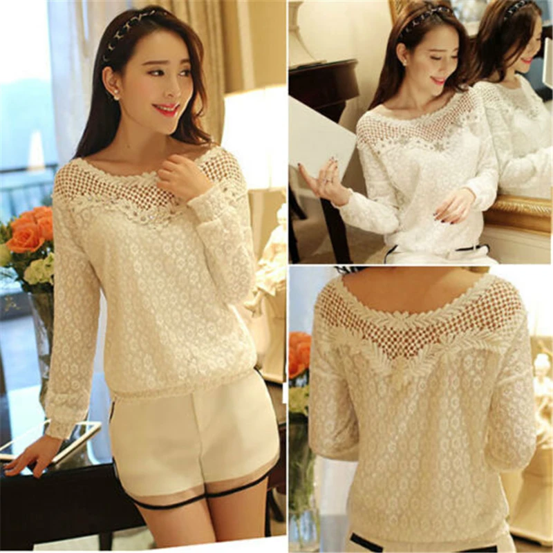 Женская модная блузка 2019 Осенняя Кружевная блуза с длинным рукавом Повседневная