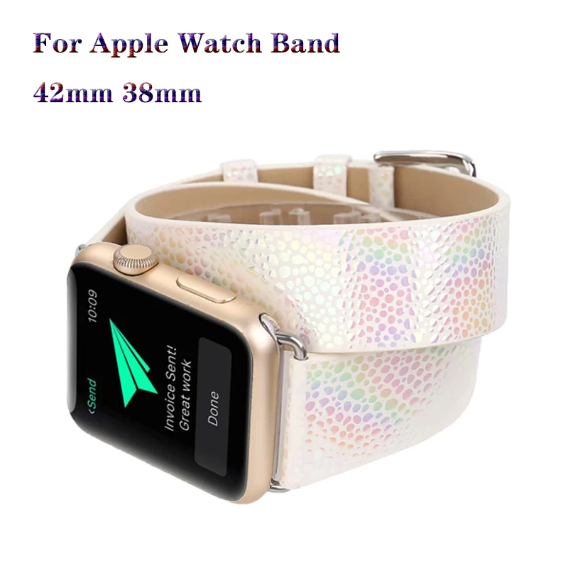 

Genuine Leather Double Circle Bracelet Strap Flash Fish-Scale Pattern for Apple watch 42/38mm Wristband for iwatch series 3 2 1