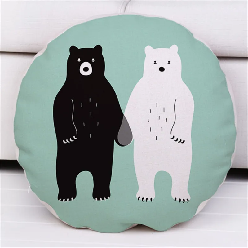 Cartoon Animals Printed Decorative Throw Pillow Covers Cotton Linens Animal Bear Kiss Fox Cat Round Diameter 45cm Cushion Cover |