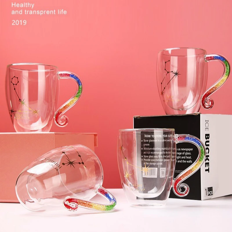 Кофейная чашка с цветной бриллиантовой ручкой двухслойная стеклянная