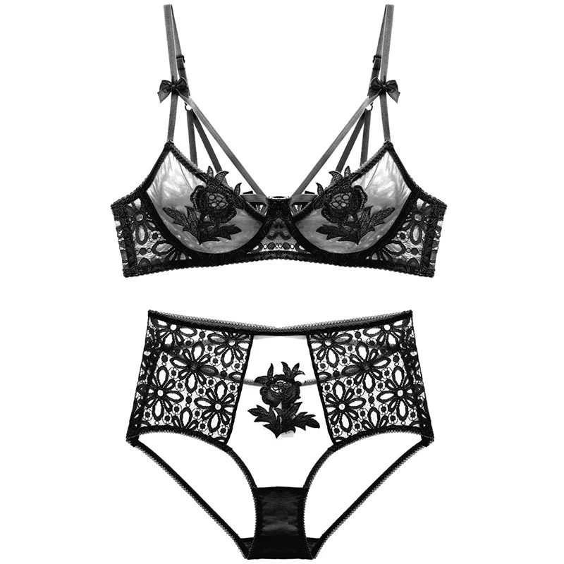 Французский вышивка ультра тонкий сексуальный комплект нижнего белья летние