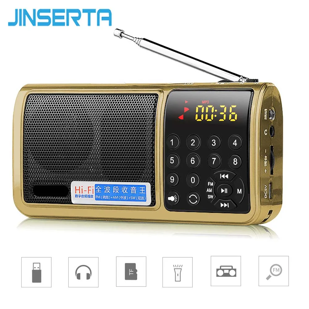 Радиоприемник JINSERTA Mini FM/AM/SW World Band mp3 плеер с фонариком поддержка tf карты/U Disk Play