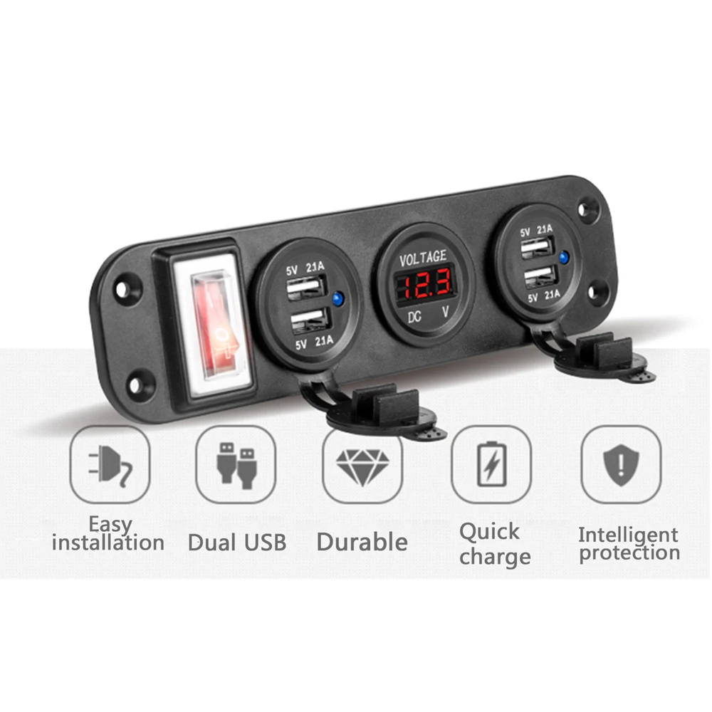 Новинка, 2 шт., зарядное устройство с двумя usb-разъемами, 5 В, 2,1 А+ светодиодный вольтметр+ тумблер ВКЛ-ВЫКЛ, 4 в 1, многопортовое USB Автомобильное зарядное устройство для телефона