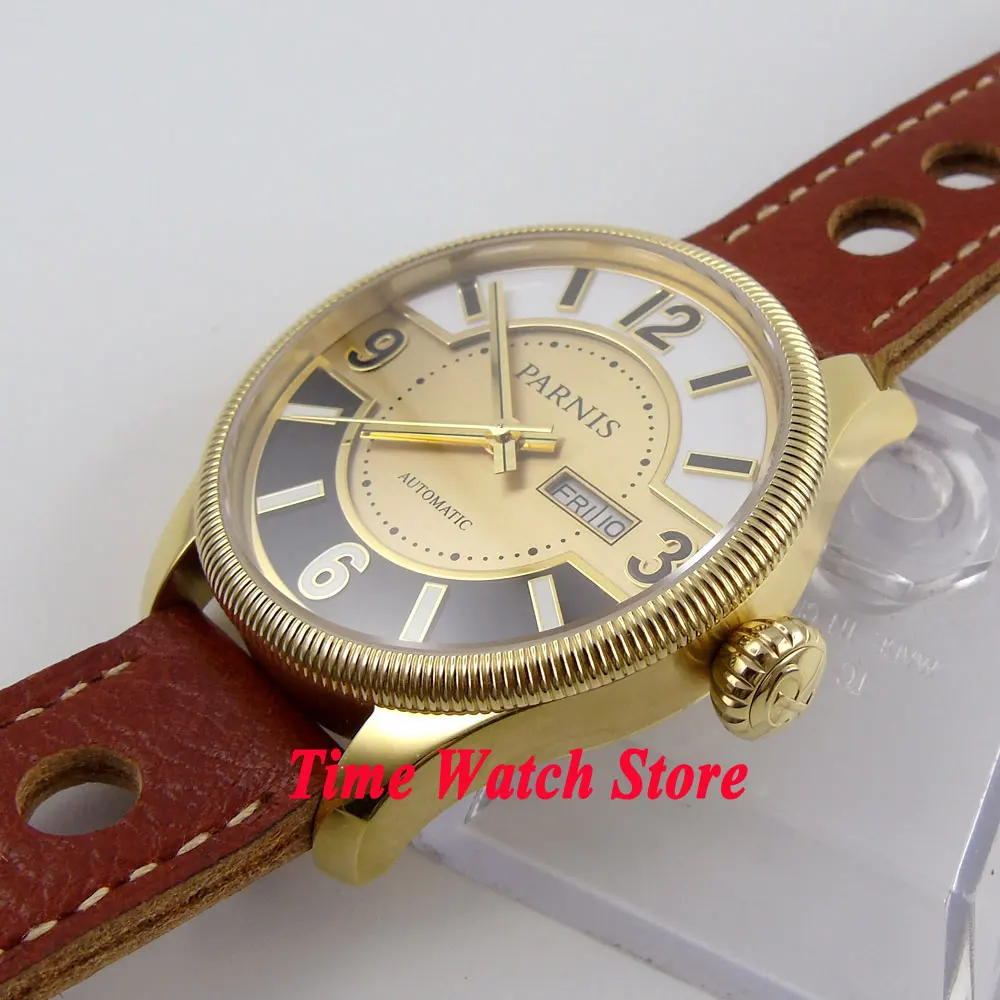 Мужские автоматические часы с золотым циферблатом и сапфировым стеклом 42 мм |