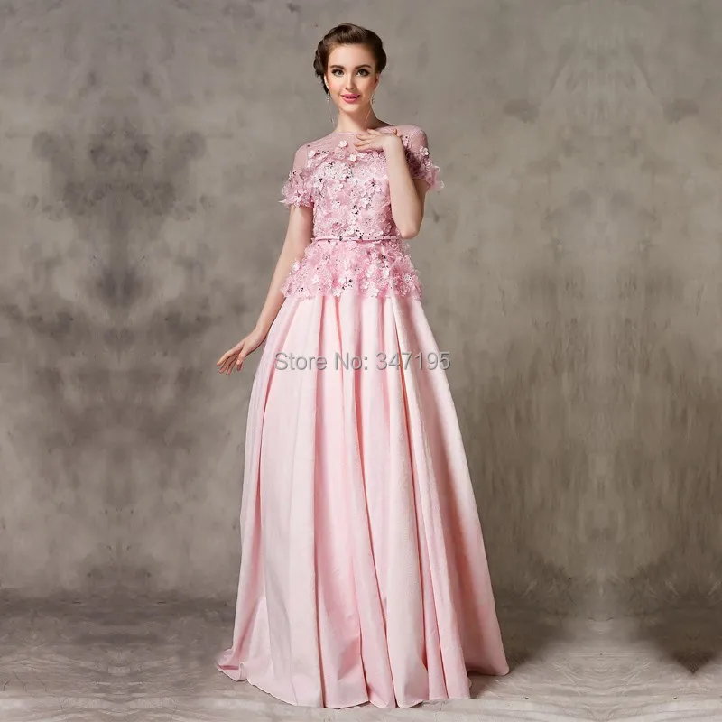 PD1633 A line pink short sleeve prom dress with straps and flowers | Свадьбы и торжества