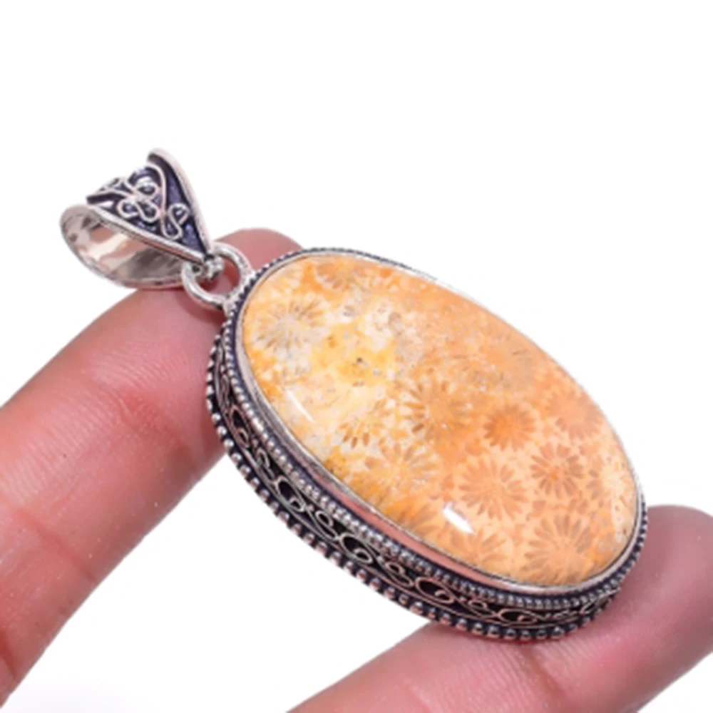 

Fosil Coral Pendant Silver Overlay over Copper, USA Size 55 mm , P6481