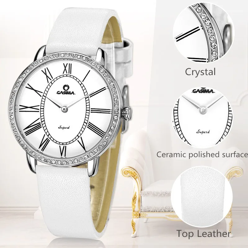 Relogio feminino Роскошные брендовые модные повседневные женские кварцевые наручные часы с кристаллами белый кожаный ремешок водонепроницаемые CASIMA#2615
