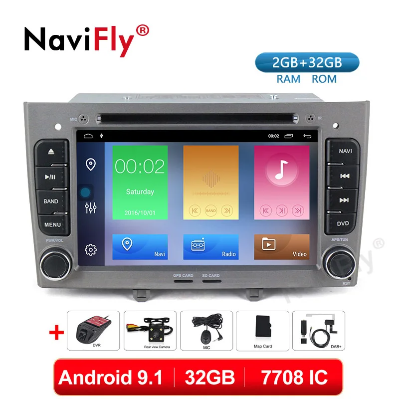 NaviFly 2 Din 2G+ 32G Android 9,1 автомобильный dvd мультимедийный плеер для PEUGEOT 308 2007-2013408 2011- gps РАДИО wifi BT головное устройство