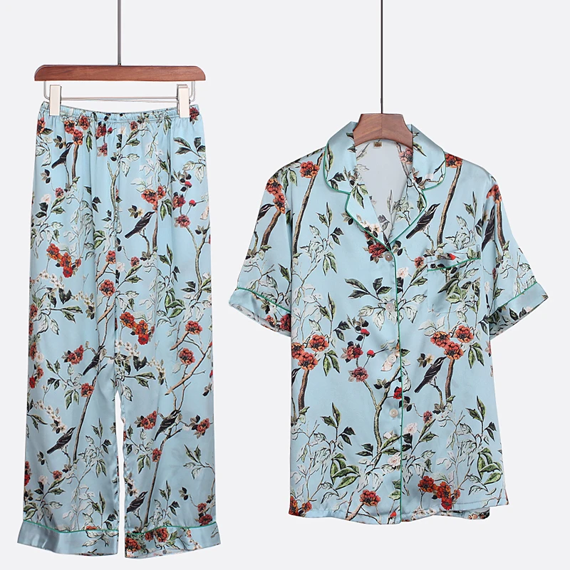 Nightgowns Women 100% Silk Nightcloth Printed Two Pieces Set Short Sleeve Elastic Waist Long Pants Loose Suits All Season