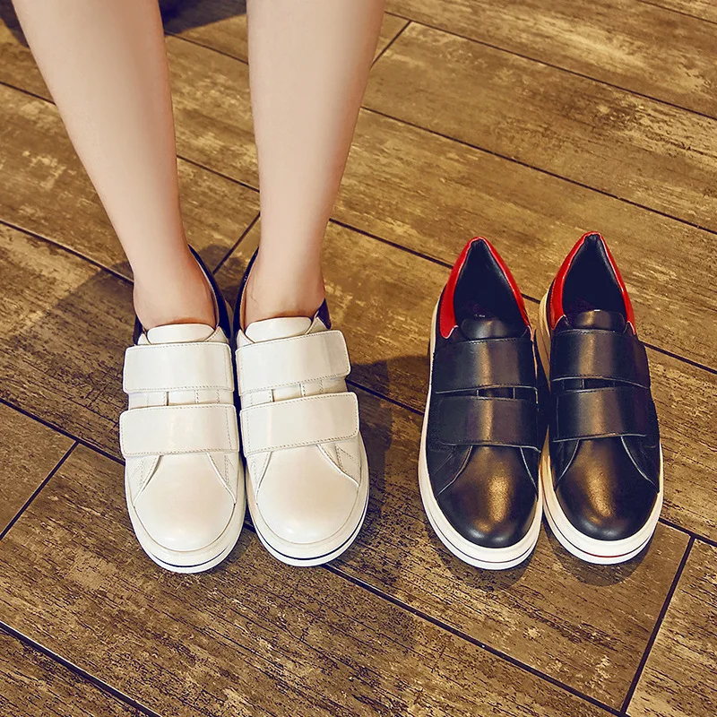 Платформа Кроссовки Женщины Hook &amp Loop Черный Белый Натуральная Кожа смешанный