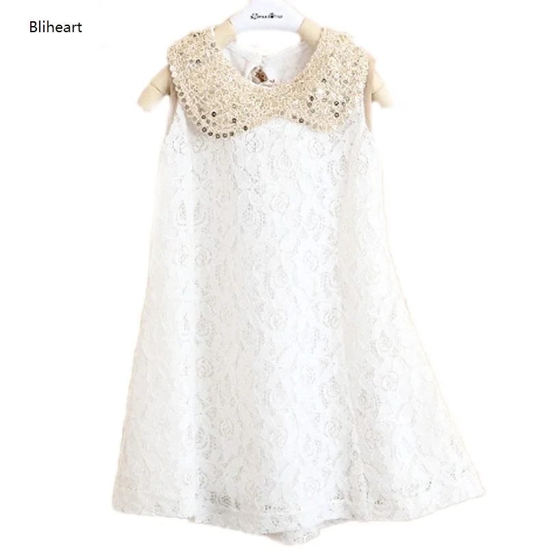 Gold Sequins Peter Pan Collar Girls Dress Lace Sleeveless White/ Black Dresses Kids For 2 3 4 5 6 7 8 9 Years Prom Summer | Детская